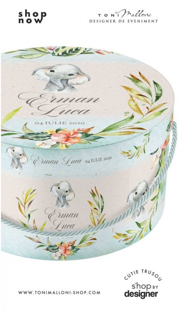 Cutie de trusou rotunda cu elefant personalizata pentru baieti Boho Baby Elephant 1